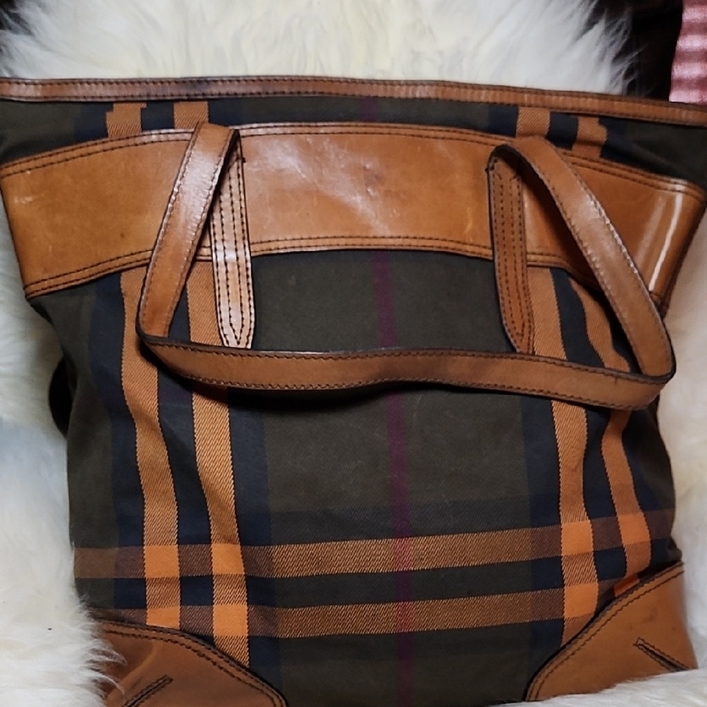 Burberry Brown and Orange Plaid Tote